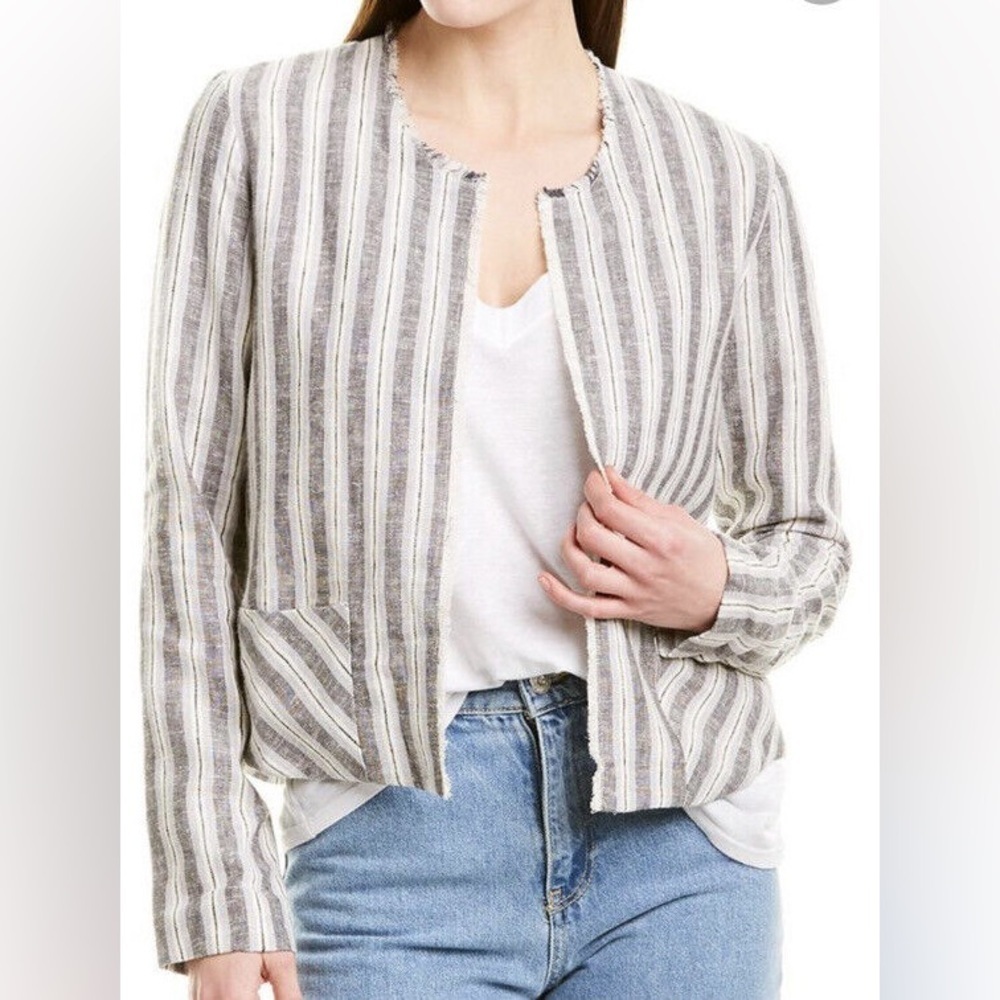 DREW Open Front Striped Linen Blend Frayed Jacket Size Medium